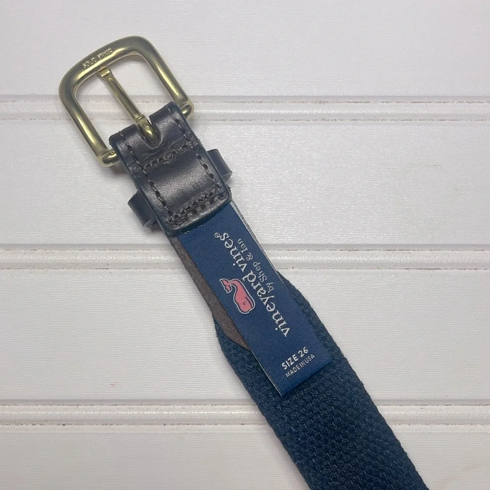 VINEYARD VINES EUC Classic Whale Canvas Club Leather Silk Belt